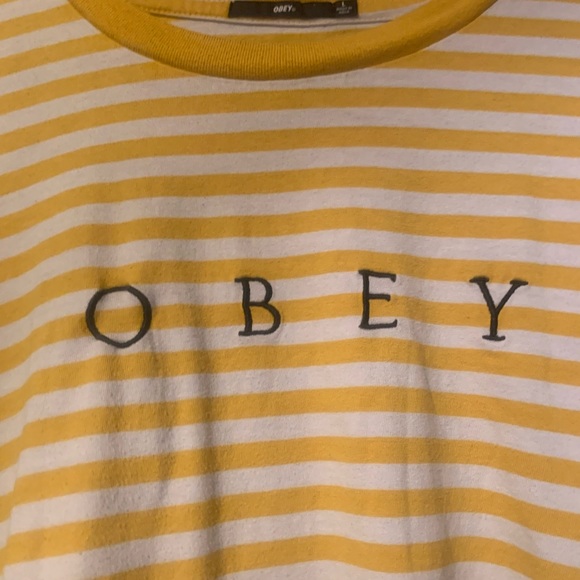 Obey shirt yellow stripe size large men’s tshirt - Picture 2 of 5
